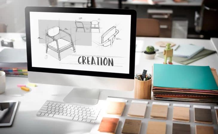 A product design sketch displayed on screen alongside material swatches